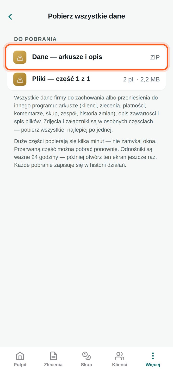 Ekran Pobierz wszystkie dane z zaznaczonym wierszem Dane — arkusze i opis (telefon)