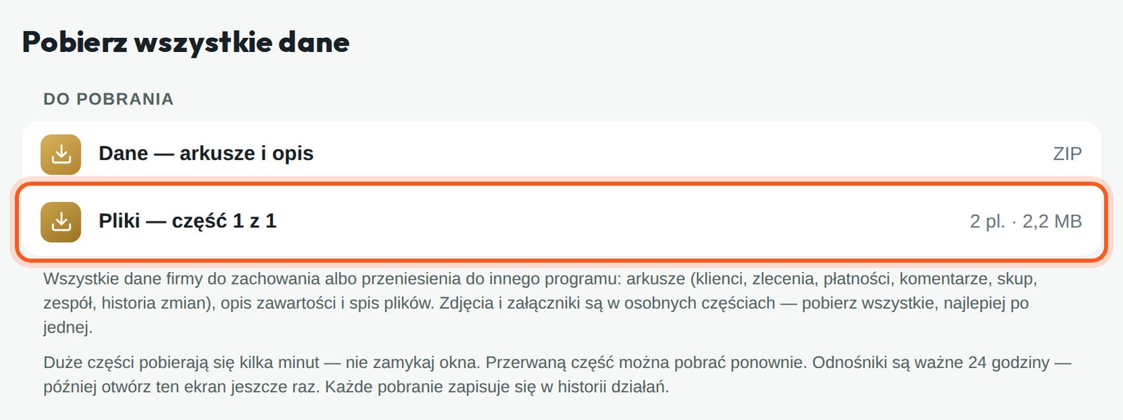 Ekran Pobierz wszystkie dane z zaznaczonym wierszem Pliki — część 1 z 1 (komputer)