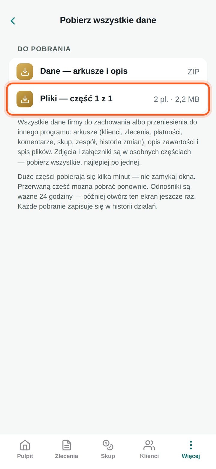 Ekran Pobierz wszystkie dane z zaznaczonym wierszem Pliki — część 1 z 1 (telefon)
