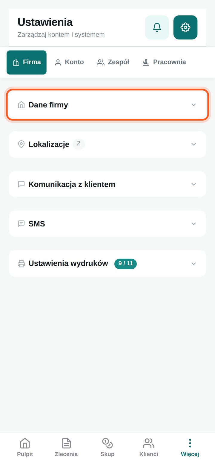 Lista sekcji Ustawień z zaznaczoną sekcją Dane firmy (telefon)
