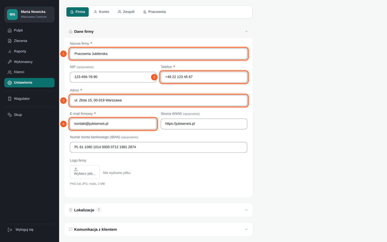 Pola danych firmy: nazwa, telefon, adres i e-mail (komputer)