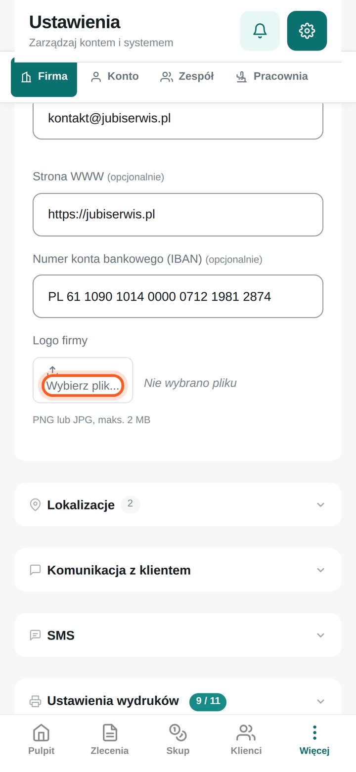 Zaznaczony przycisk Wybierz plik przy Logo firmy (telefon)