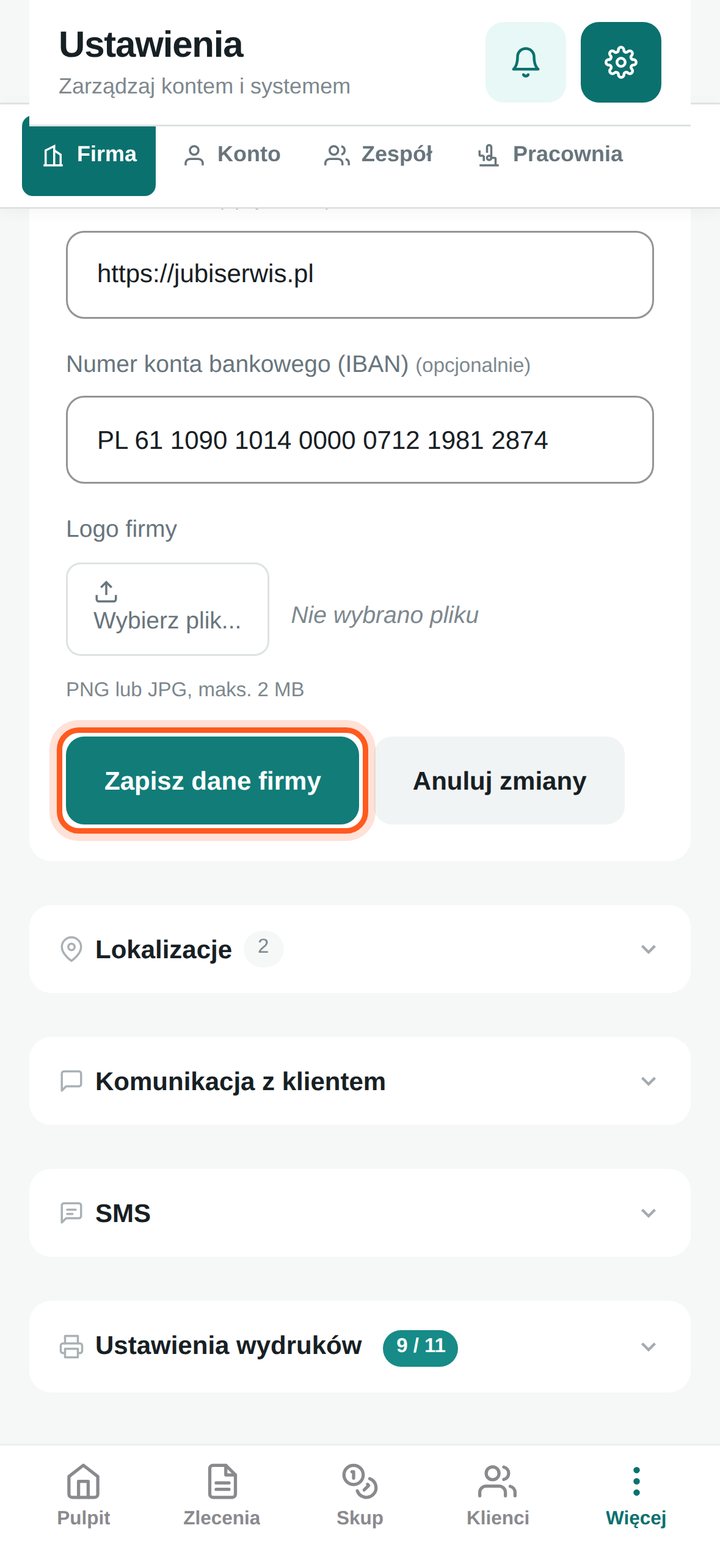 Zaznaczony przycisk Zapisz dane firmy (telefon)
