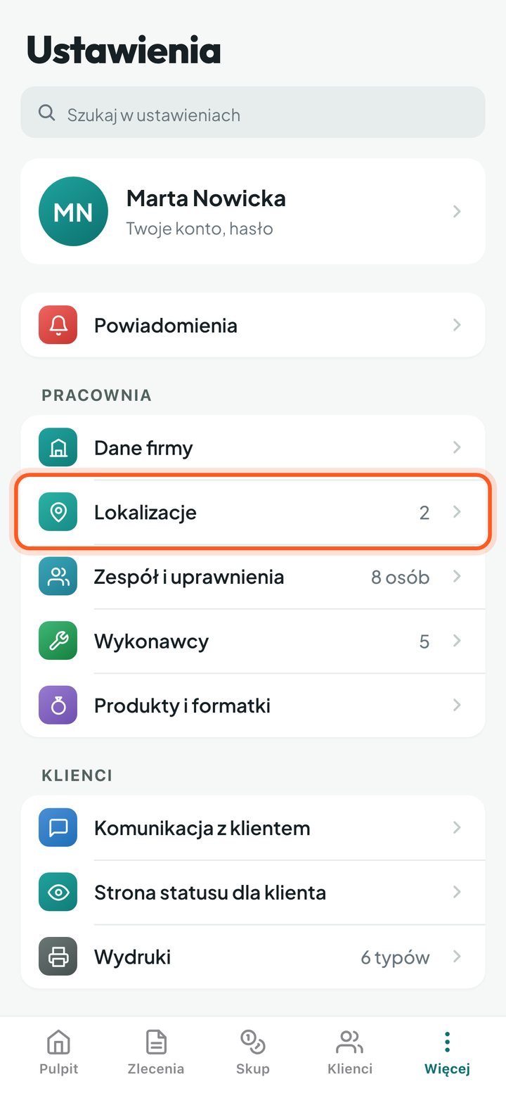 Lista Ustawień z zaznaczonym wierszem Lokalizacje (telefon)