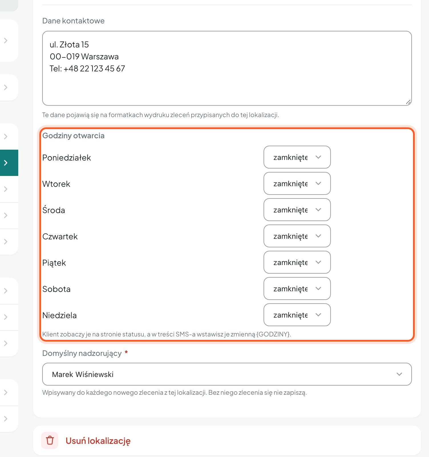 Część Godziny otwarcia w formularzu lokalizacji (komputer)