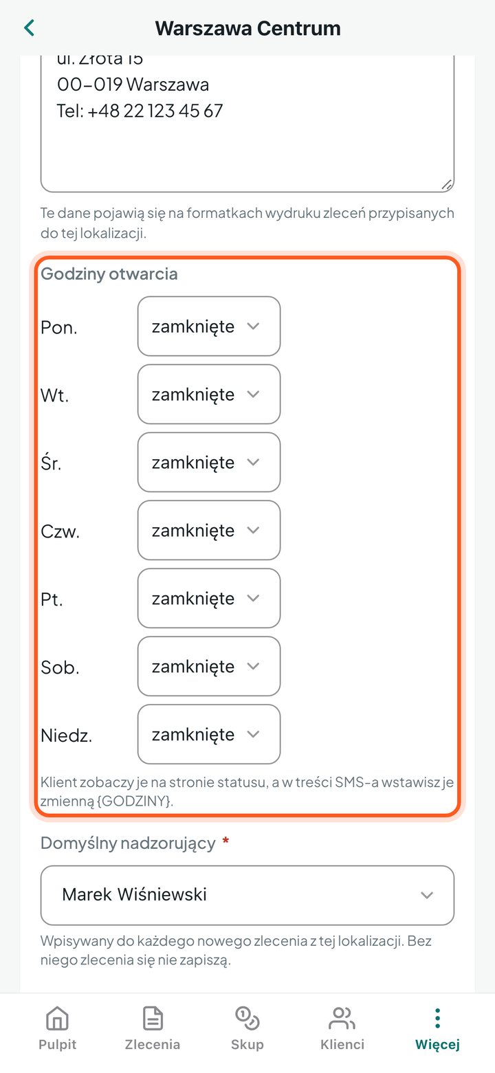 Część Godziny otwarcia w formularzu lokalizacji (telefon)