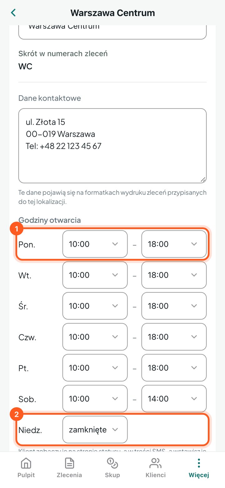 Godziny otwarcia: poniedziałek 10:00–18:00 i niedziela zamknięta (telefon)