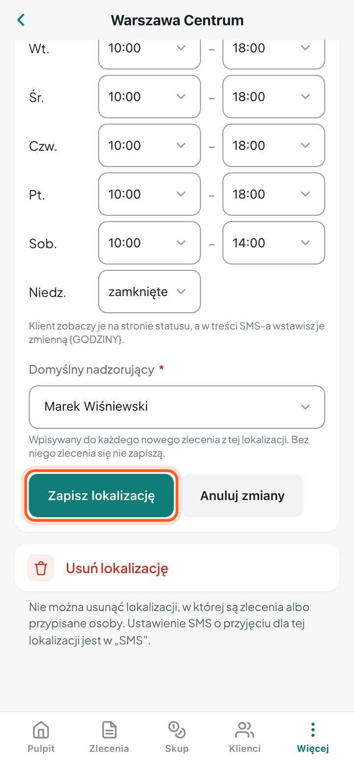 Zaznaczony przycisk Zapisz lokalizację pod godzinami otwarcia (telefon)