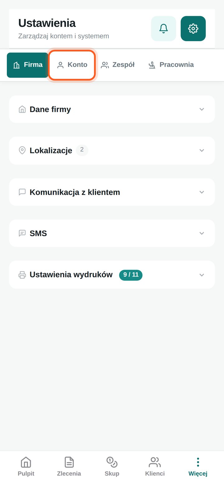 Zaznaczona zakładka Konto w Ustawieniach (telefon)