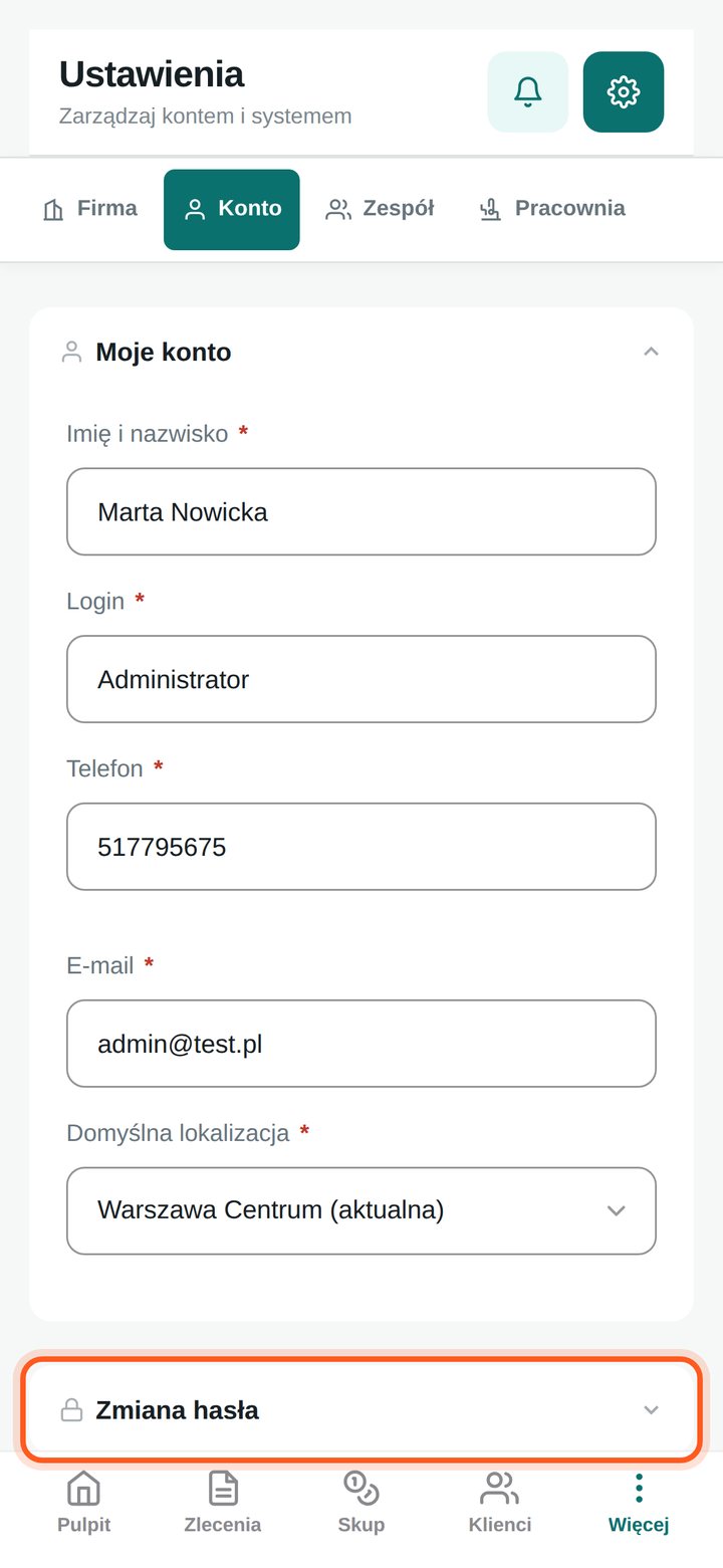 Lista sekcji zakładki Konto z zaznaczoną sekcją Zmiana hasła (telefon)
