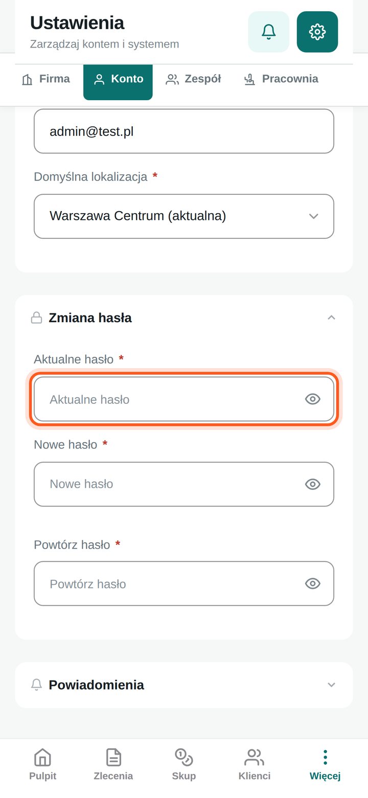 Pole Aktualne hasło (telefon)