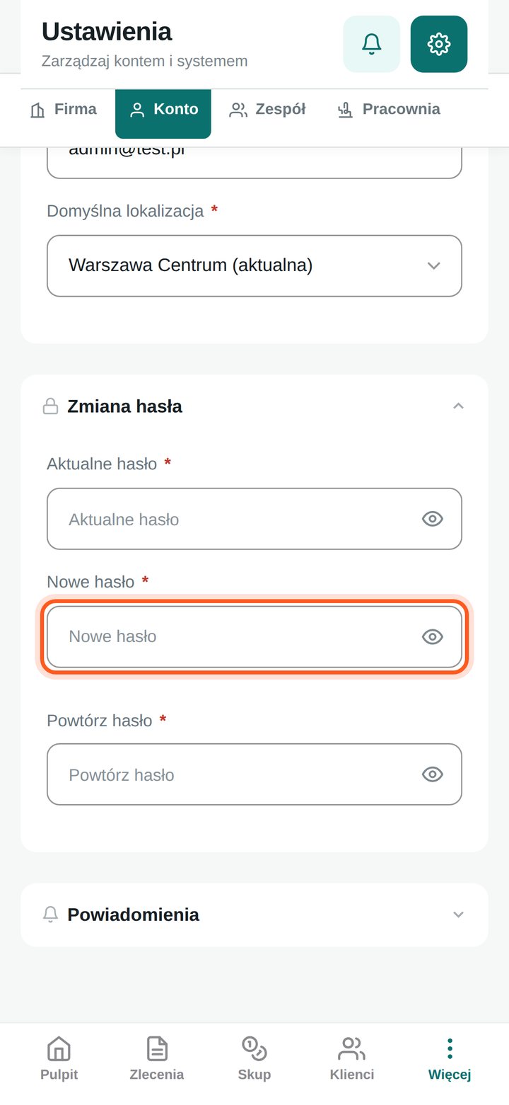Pole Nowe hasło (telefon)