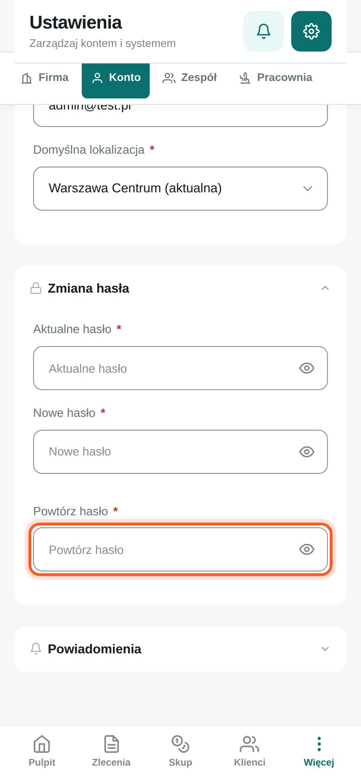 Pole Powtórz hasło (telefon)