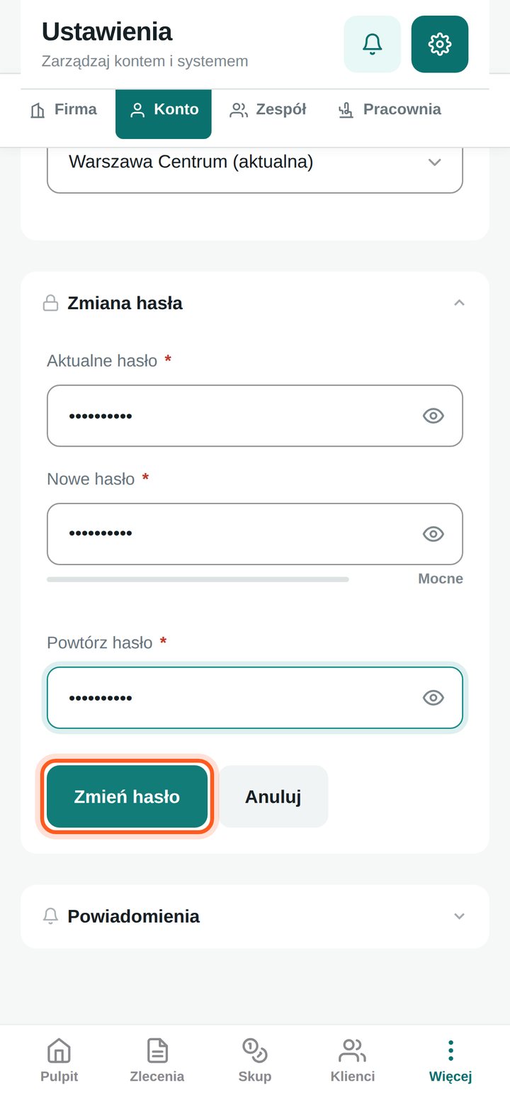 Wypełnione pola hasła i zaznaczony przycisk Zmień hasło (telefon)