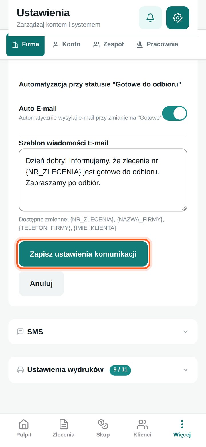 Zaznaczony przycisk Zapisz ustawienia komunikacji (telefon)