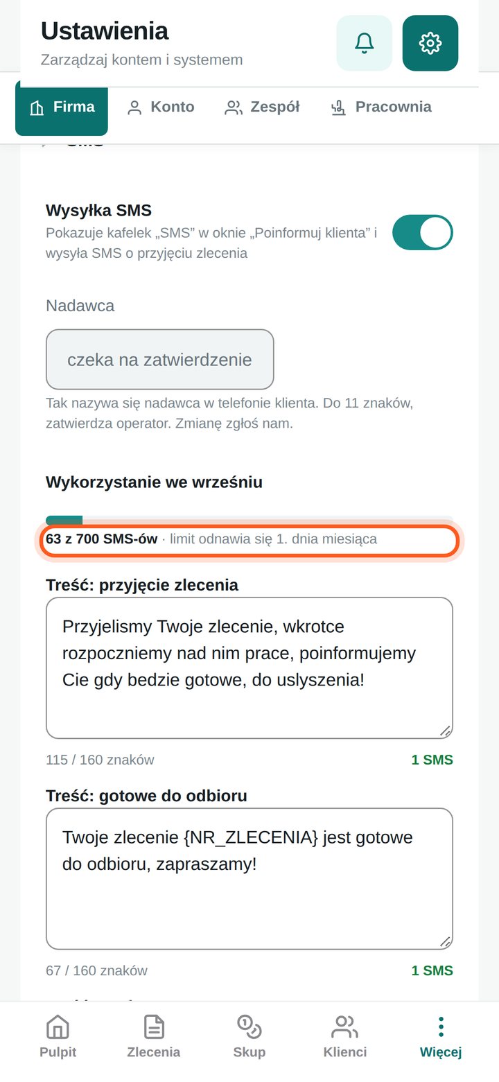 Pasek wykorzystania limitu SMS-ów w miesiącu (telefon)