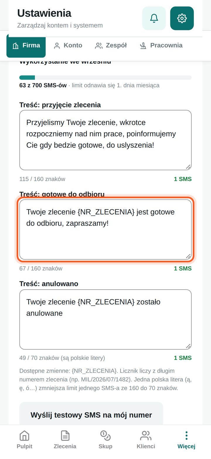 Pole treści SMS gotowe do odbioru (telefon)