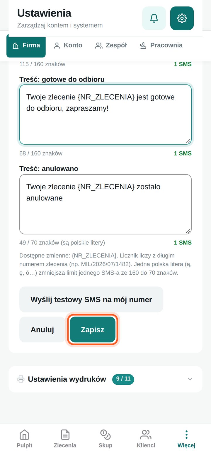Zaznaczony przycisk Zapisz w sekcji SMS (telefon)