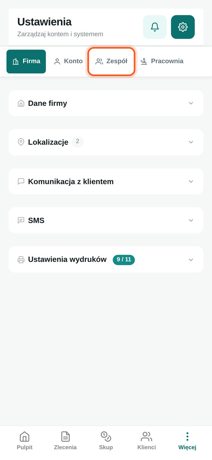 Zaznaczona zakładka Zespół w Ustawieniach (telefon)