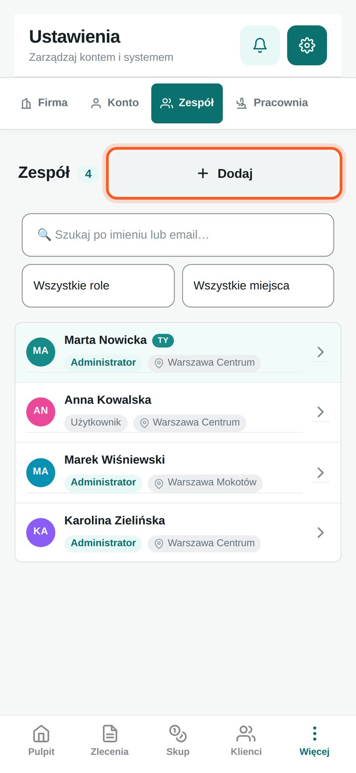 Lista zespołu z zaznaczonym przyciskiem Dodaj (telefon)