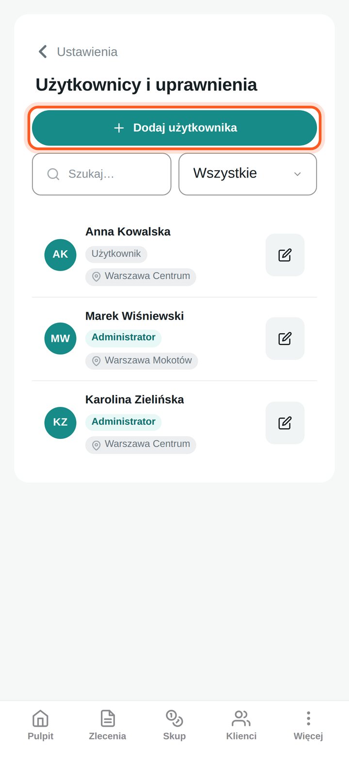 Zaznaczony przycisk Dodaj użytkownika (telefon)
