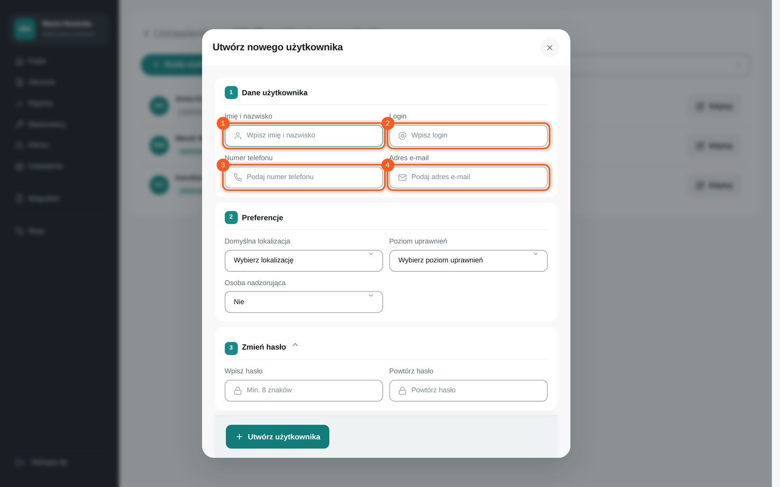Pola Imię i nazwisko, Login, Numer telefonu i Adres e-mail (komputer)