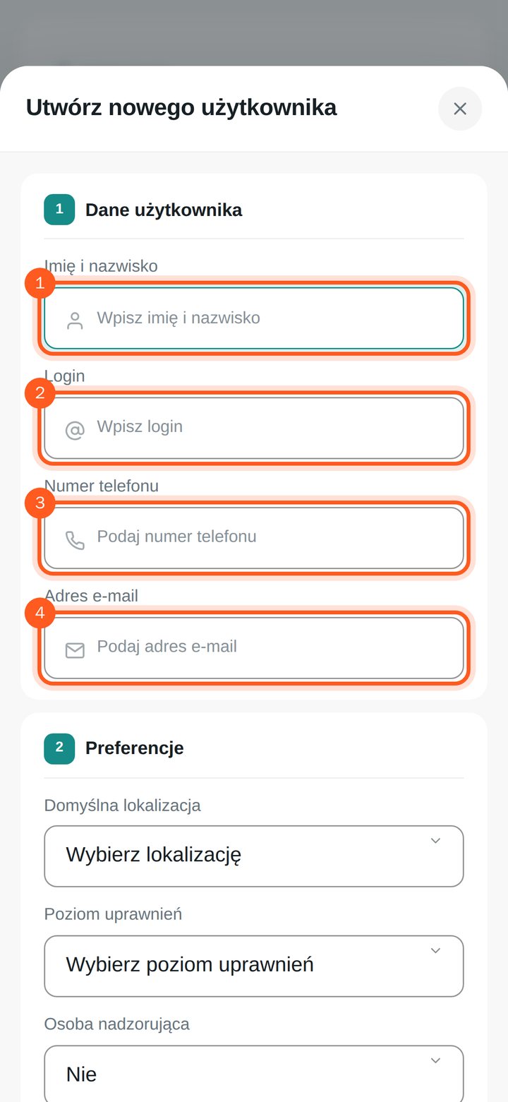 Pola Imię i nazwisko, Login, Numer telefonu i Adres e-mail (telefon)