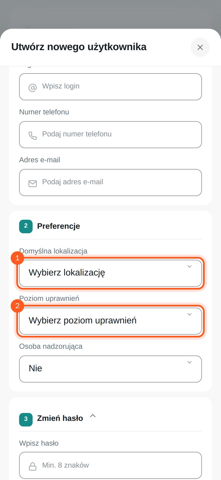 Pola Domyślna lokalizacja i Poziom uprawnień (telefon)