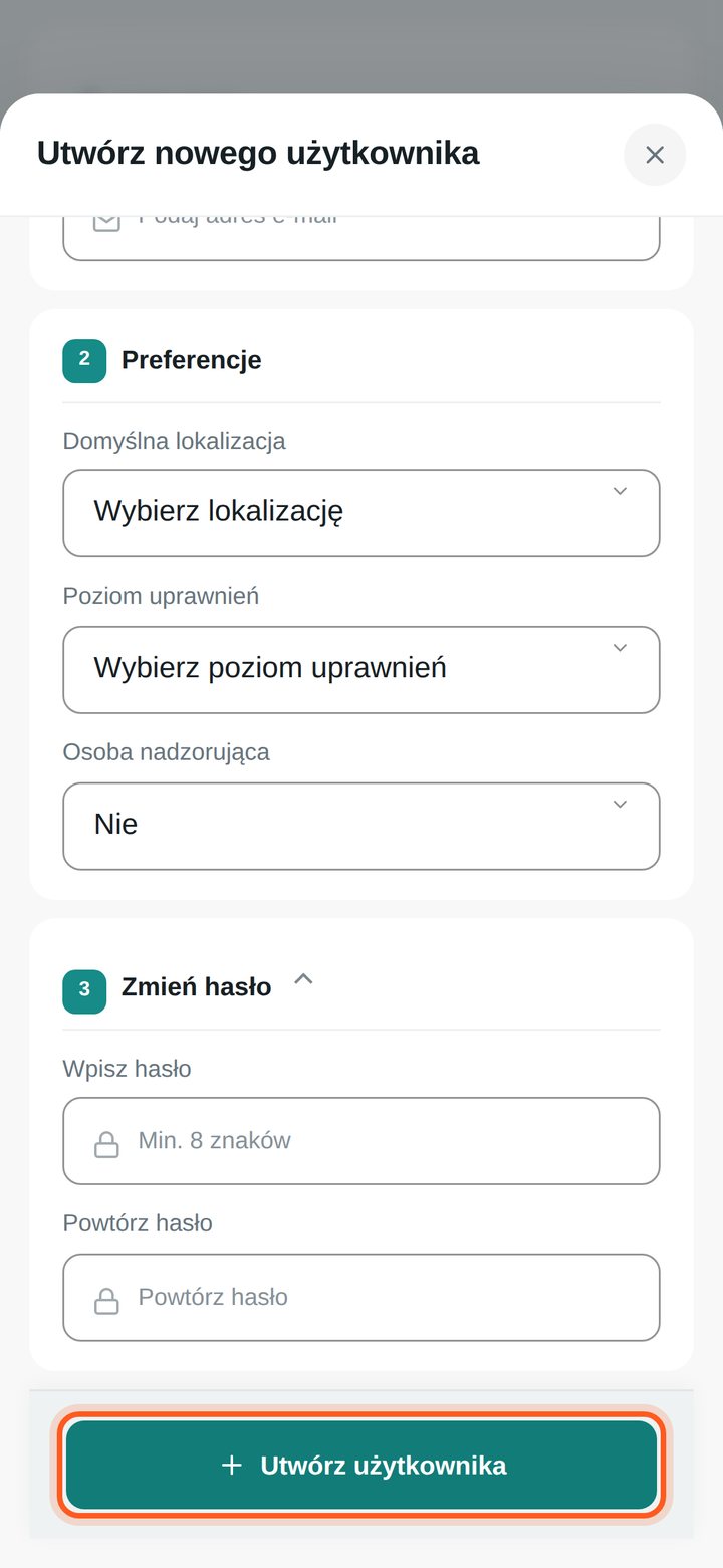 Zaznaczony przycisk Utwórz użytkownika (telefon)