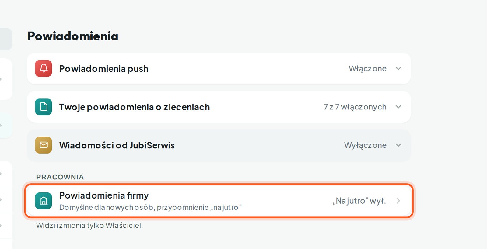 Ekran Powiadomienia z zaznaczonym wierszem Powiadomienia firmy (komputer)