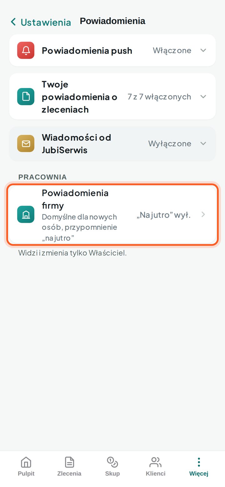 Ekran Powiadomienia z zaznaczonym wierszem Powiadomienia firmy (telefon)