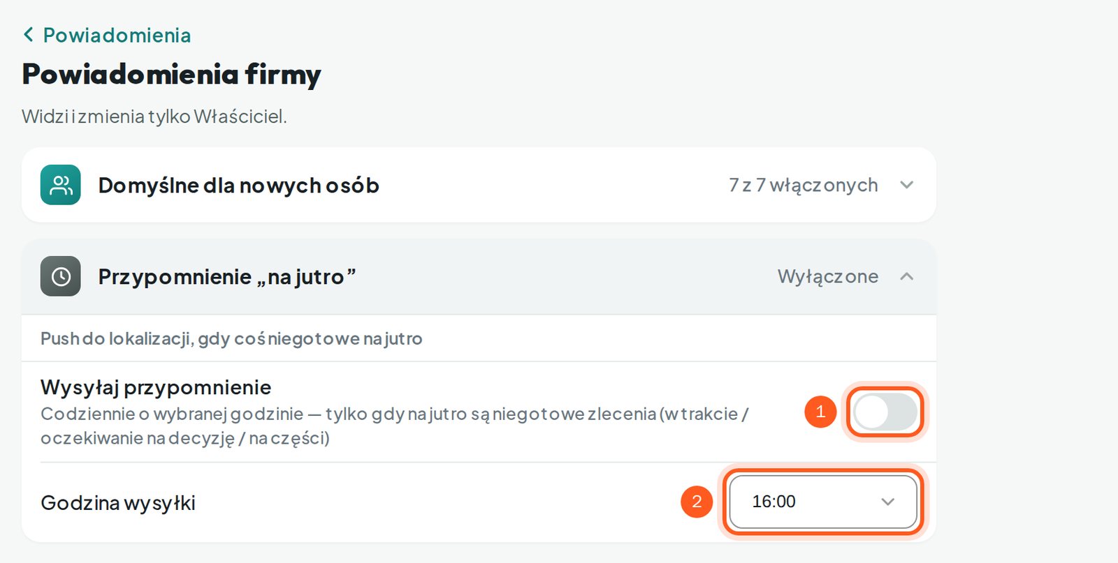 Rozwinięta grupa Przypomnienie na jutro z przełącznikiem i godziną wysyłki (komputer)