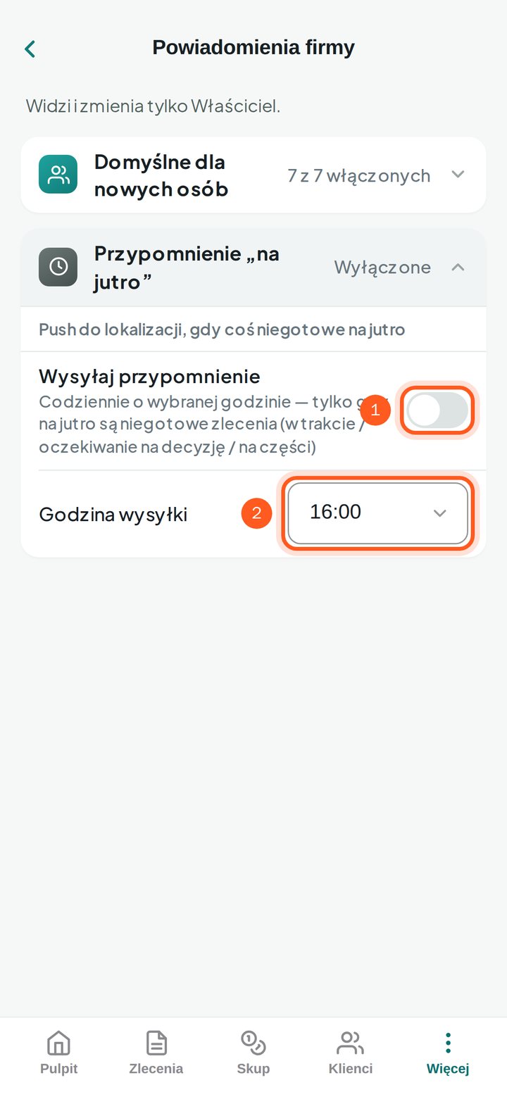 Rozwinięta grupa Przypomnienie na jutro z przełącznikiem i godziną wysyłki (telefon)