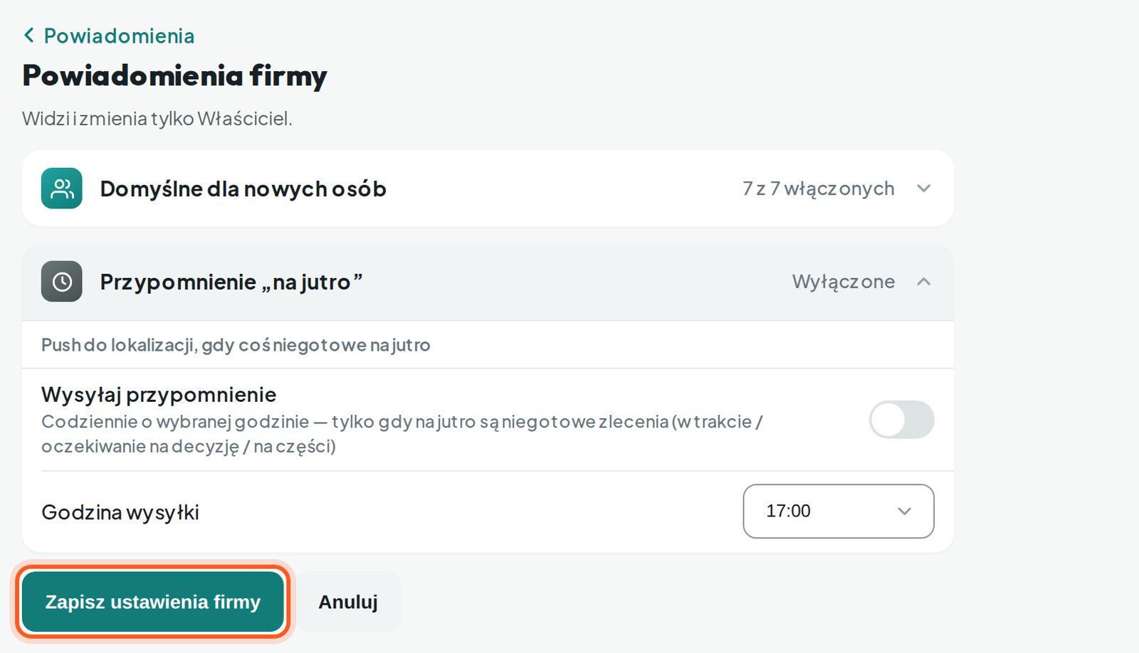 Zaznaczony przycisk Zapisz ustawienia firmy (komputer)