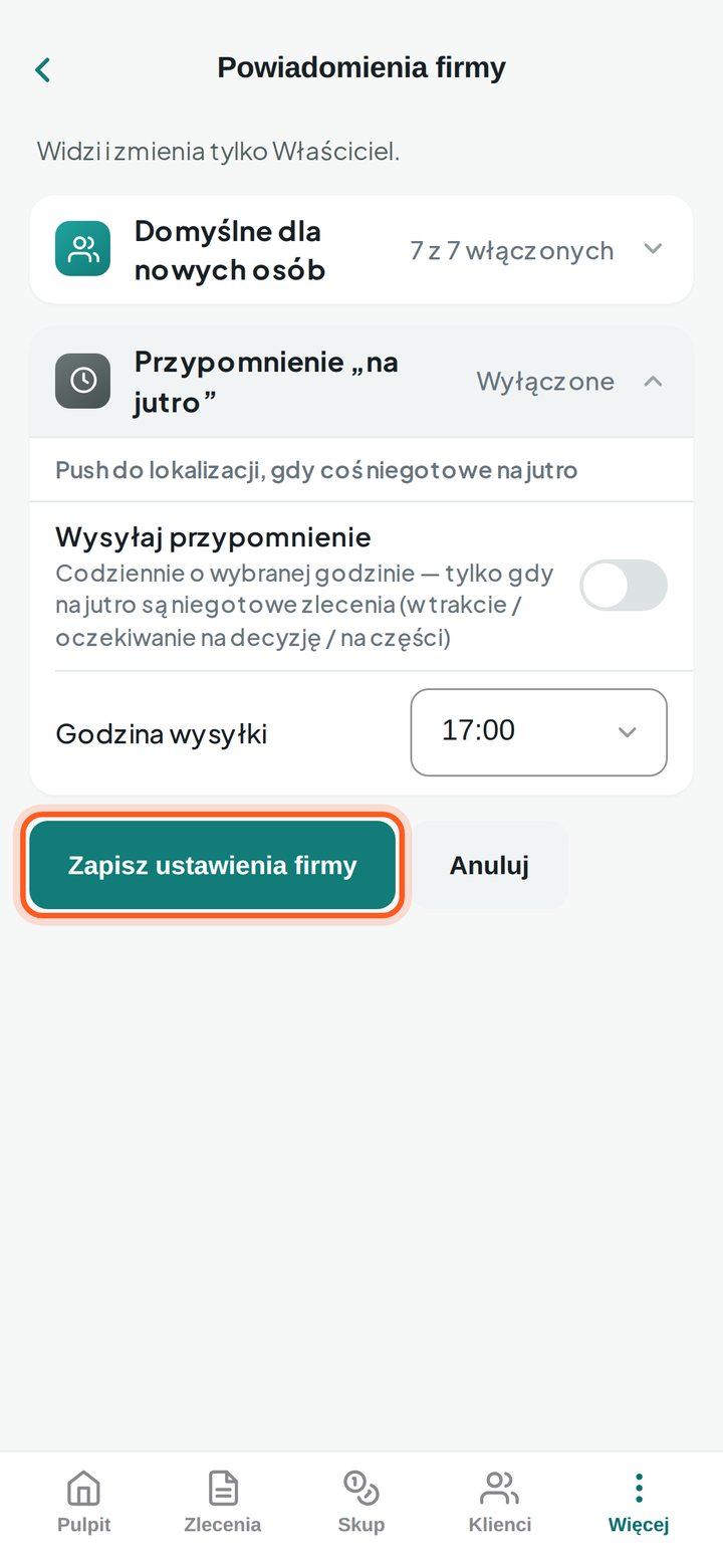 Zaznaczony przycisk Zapisz ustawienia firmy (telefon)