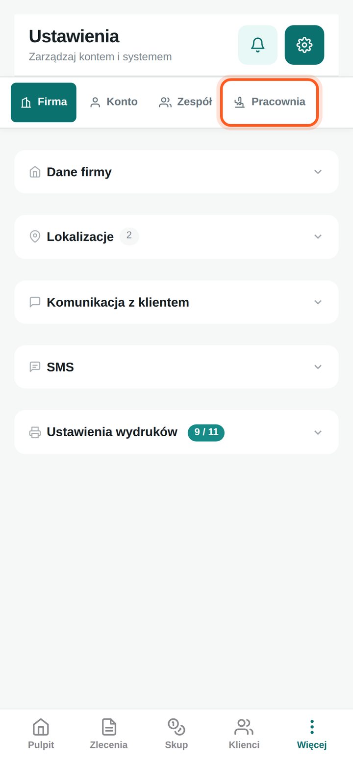 Zaznaczona zakładka Pracownia w Ustawieniach (telefon)