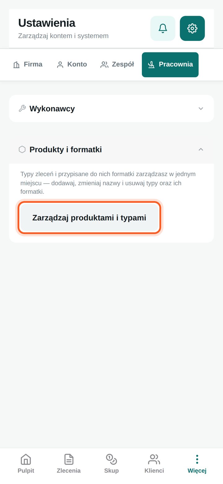Zaznaczony przycisk Zarządzaj produktami i typami (telefon)