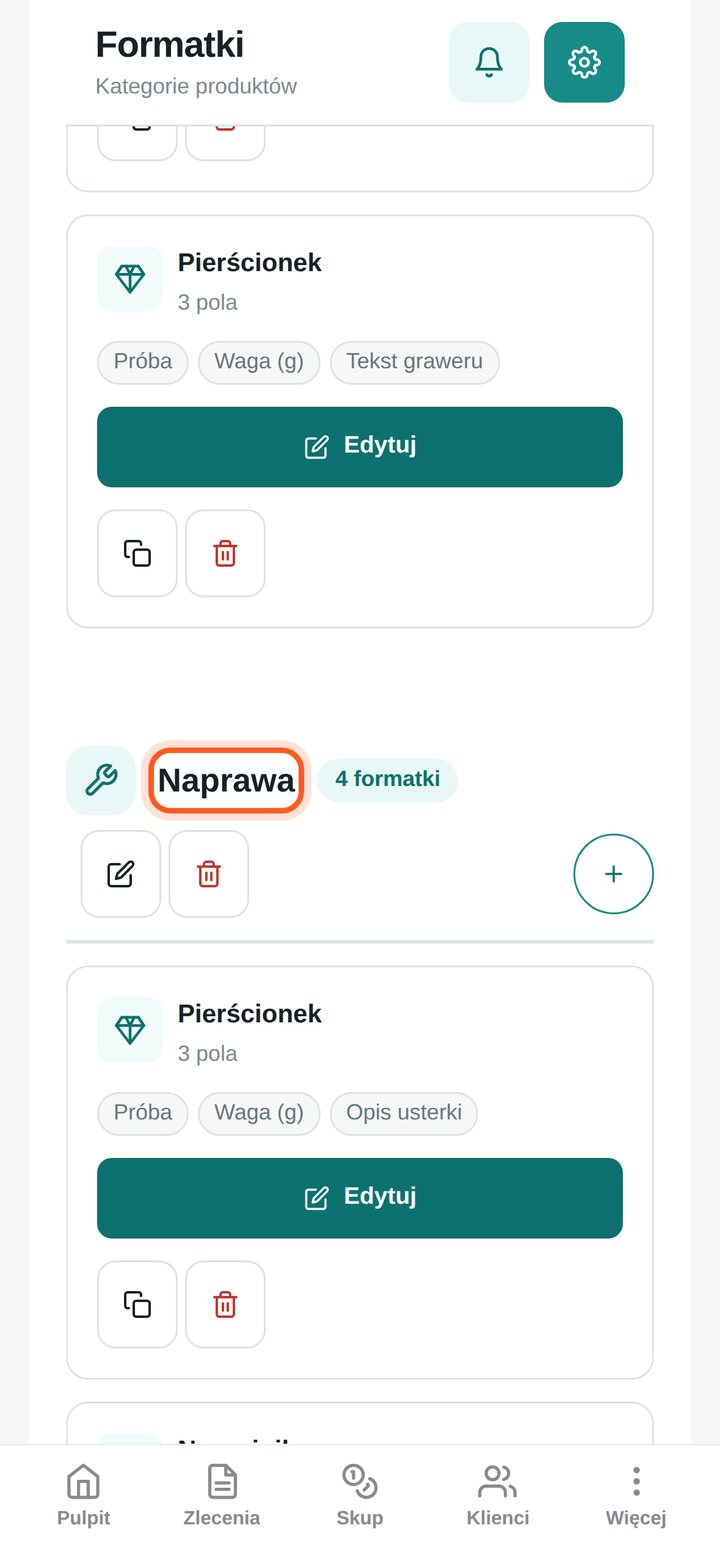 Rodzaj zlecenia Naprawa z formatkami produktów (telefon)
