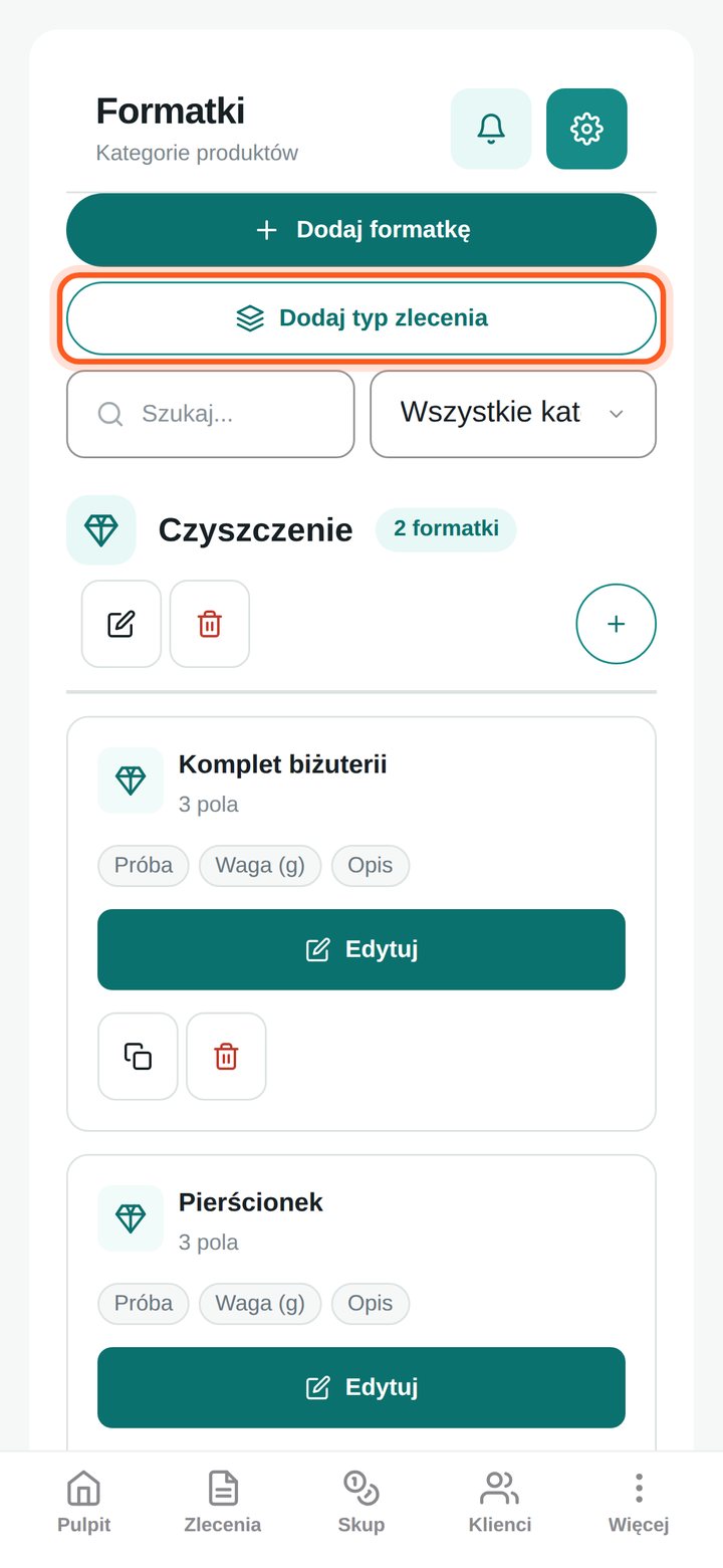 Zaznaczony przycisk Dodaj typ zlecenia (telefon)