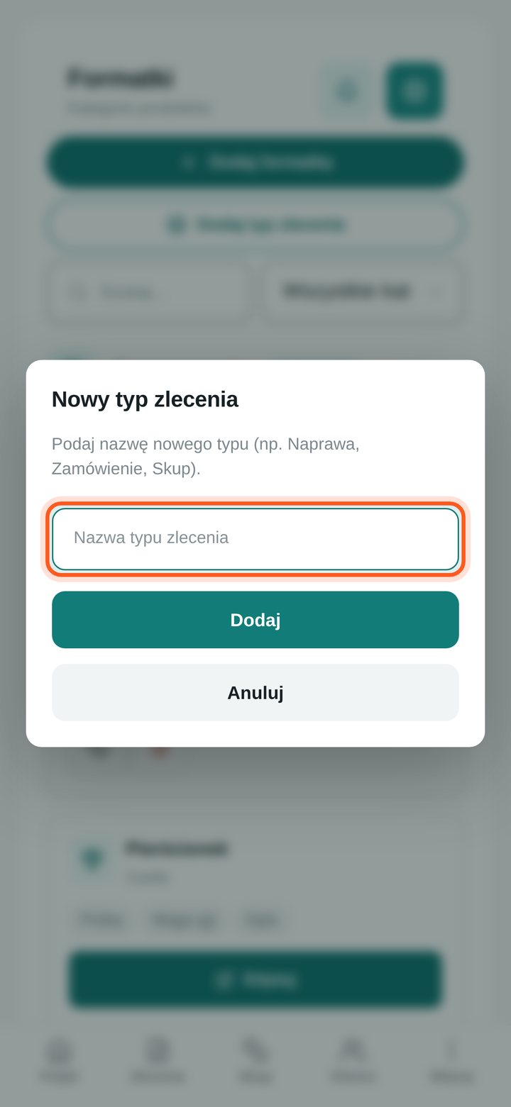 Okno Nowy typ zlecenia z polem nazwy (telefon)
