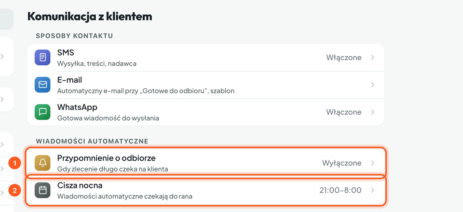 Menu Komunikacji z klientem z wierszami Przypomnienie o odbiorze i Cisza nocna (komputer)