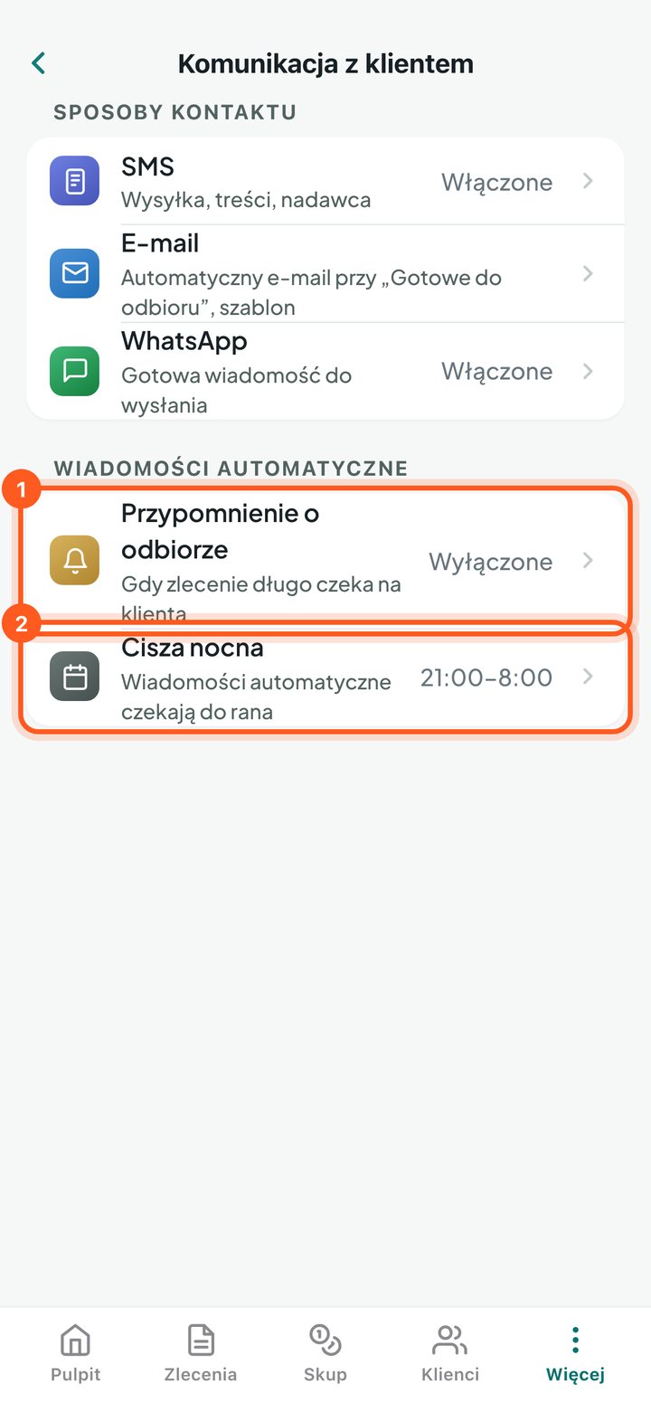 Menu Komunikacji z klientem z wierszami Przypomnienie o odbiorze i Cisza nocna (telefon)