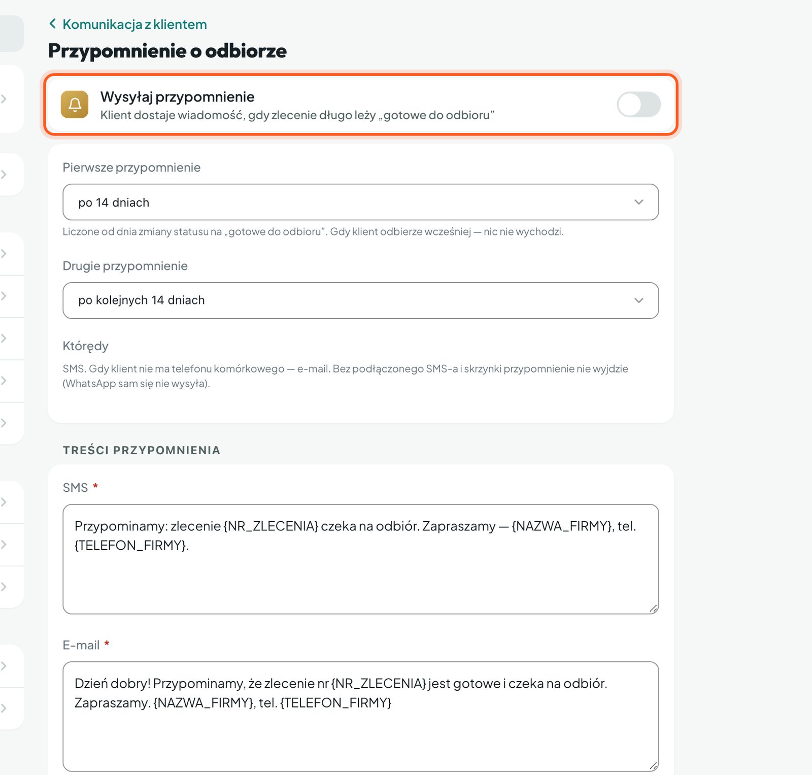 Przełącznik Wysyłaj przypomnienie (komputer)