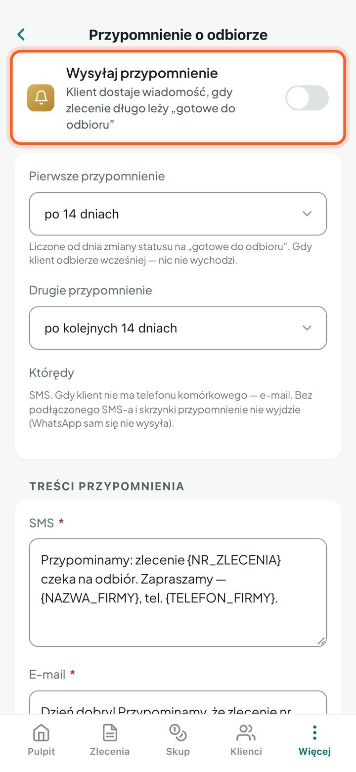 Przełącznik Wysyłaj przypomnienie (telefon)
