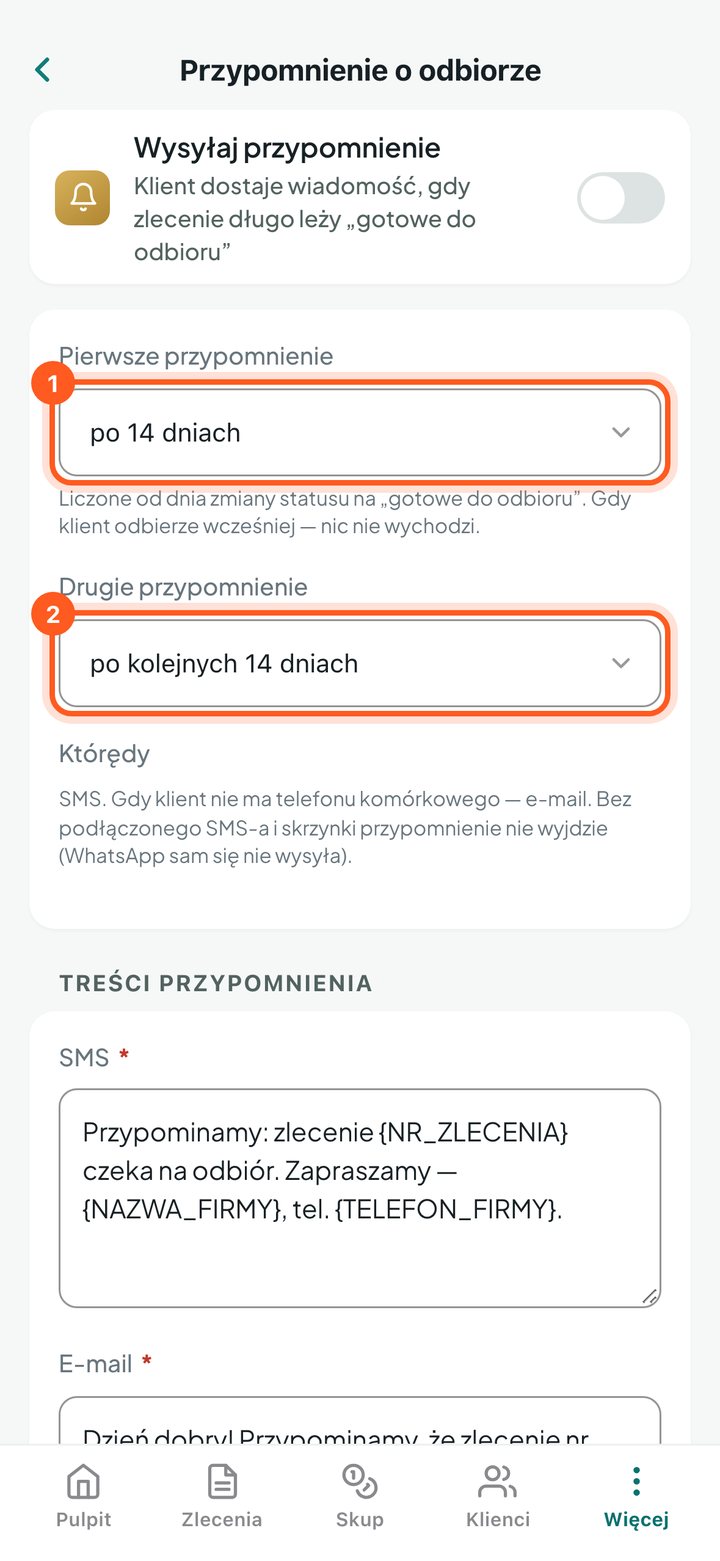Pola Pierwsze przypomnienie i Drugie przypomnienie (telefon)