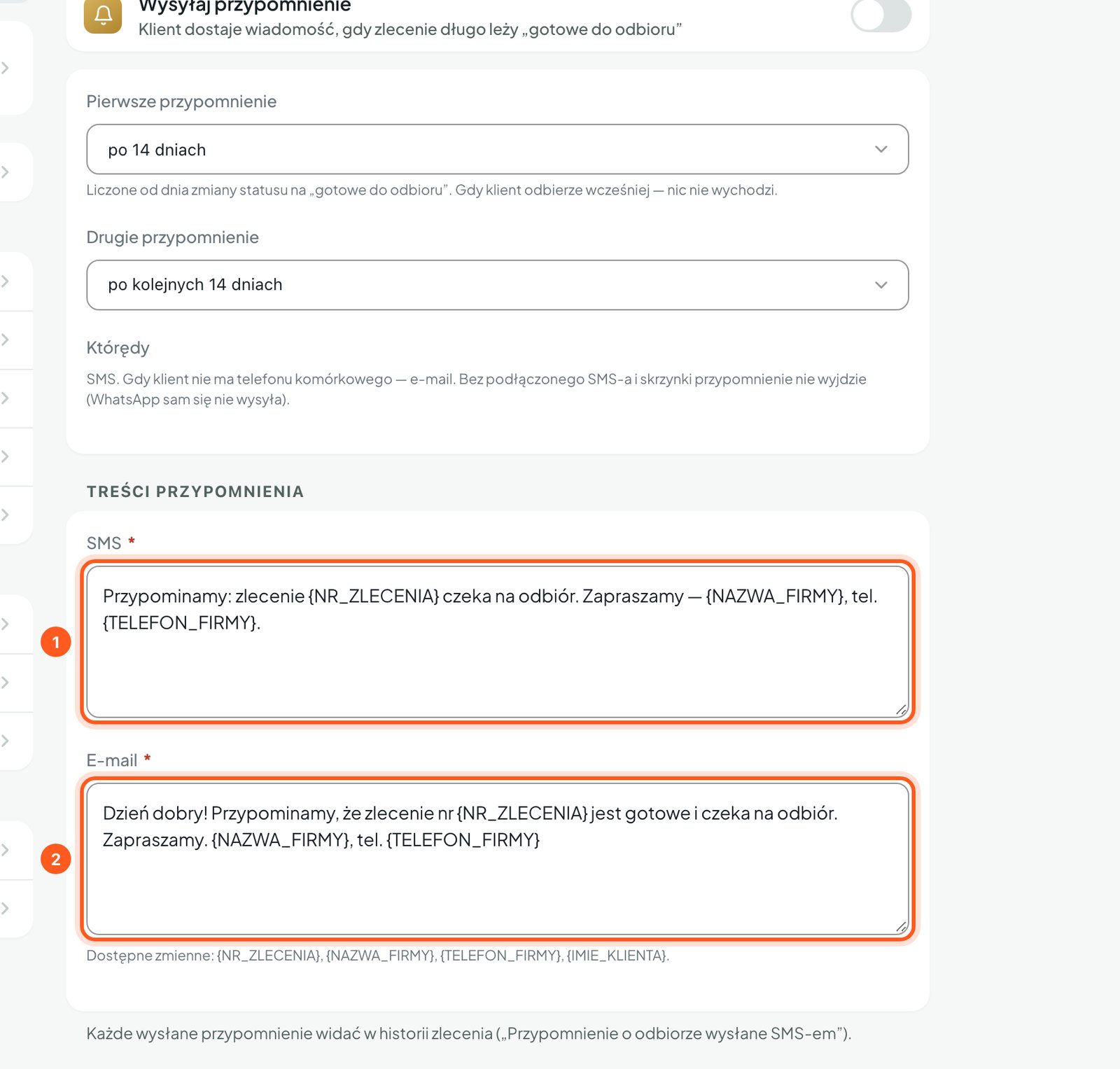 Pola z treścią SMS-a i e-maila przypomnienia (komputer)