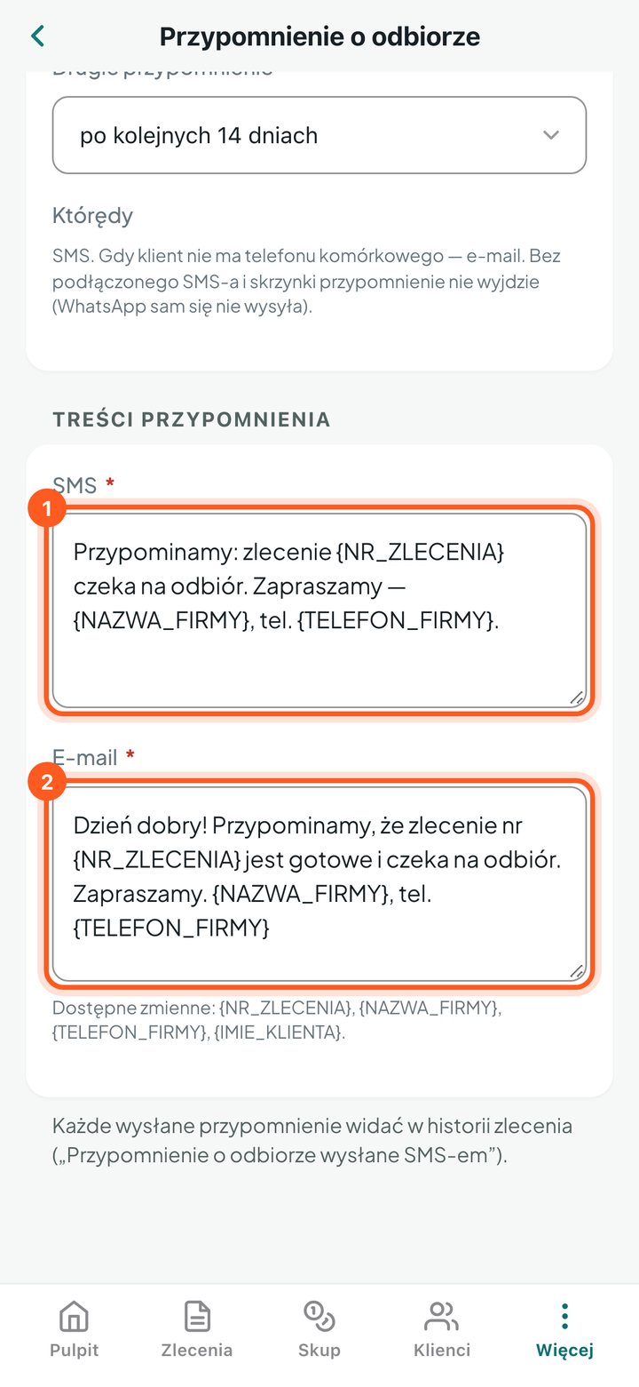 Pola z treścią SMS-a i e-maila przypomnienia (telefon)