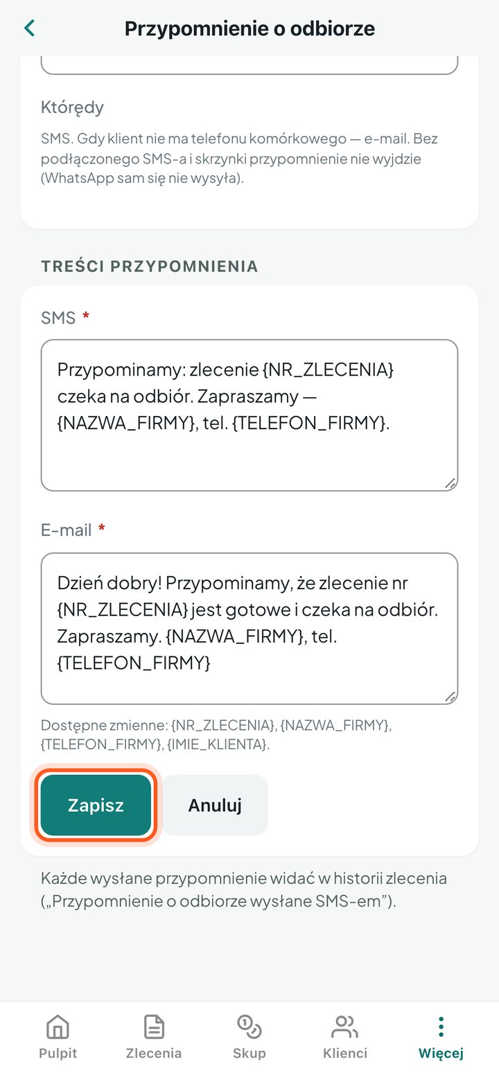 Przycisk Zapisz pod treściami przypomnienia (telefon)