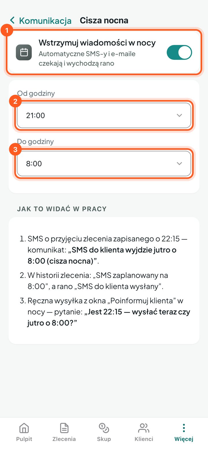 Ekran Cisza nocna z przełącznikiem i godzinami (telefon)