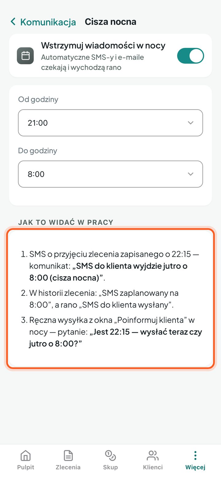 Ramka Jak to widać w pracy z przykładami ciszy nocnej (telefon)